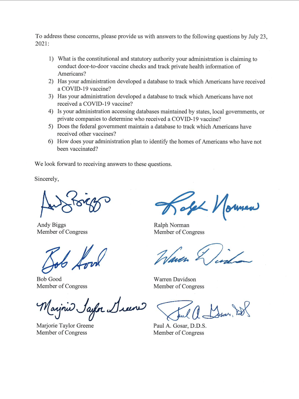 32 Members of Congress Raise Critical Privacy Questions; Demand Answers on Biden Door-to-Door Vaccine Checks (by July&nbsp;23rd)