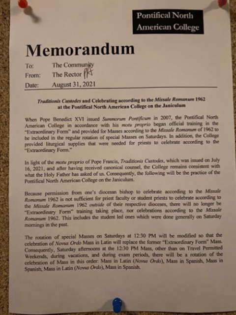 After 14 Years, Pontifical North American College (Rome) cancels all Traditional Latin Masses, and all TLM&nbsp;training